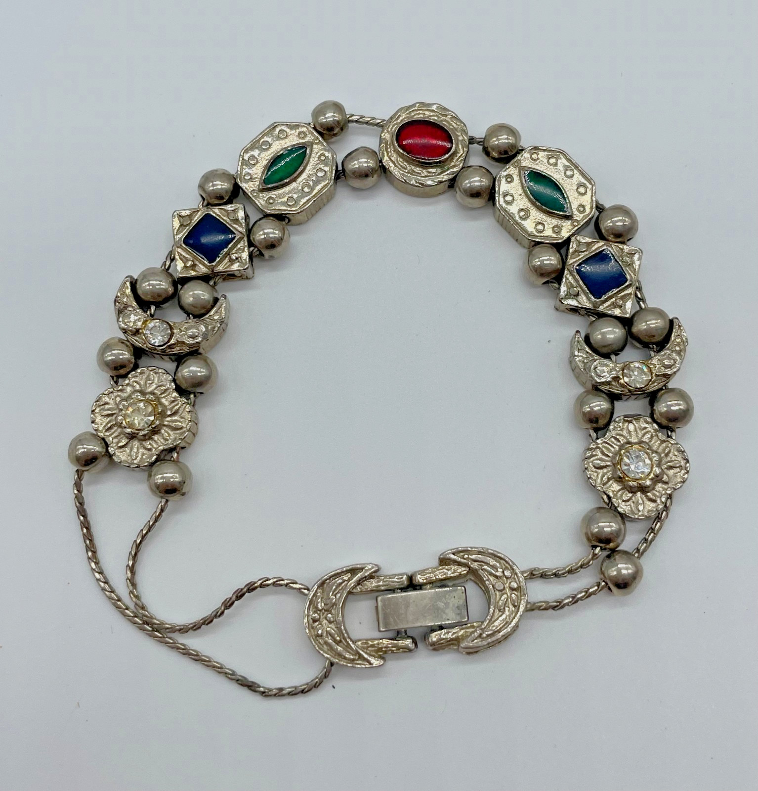 VTG Victorian Revival sliding charm ball bracelet silver tone Rhinestone 7.5″