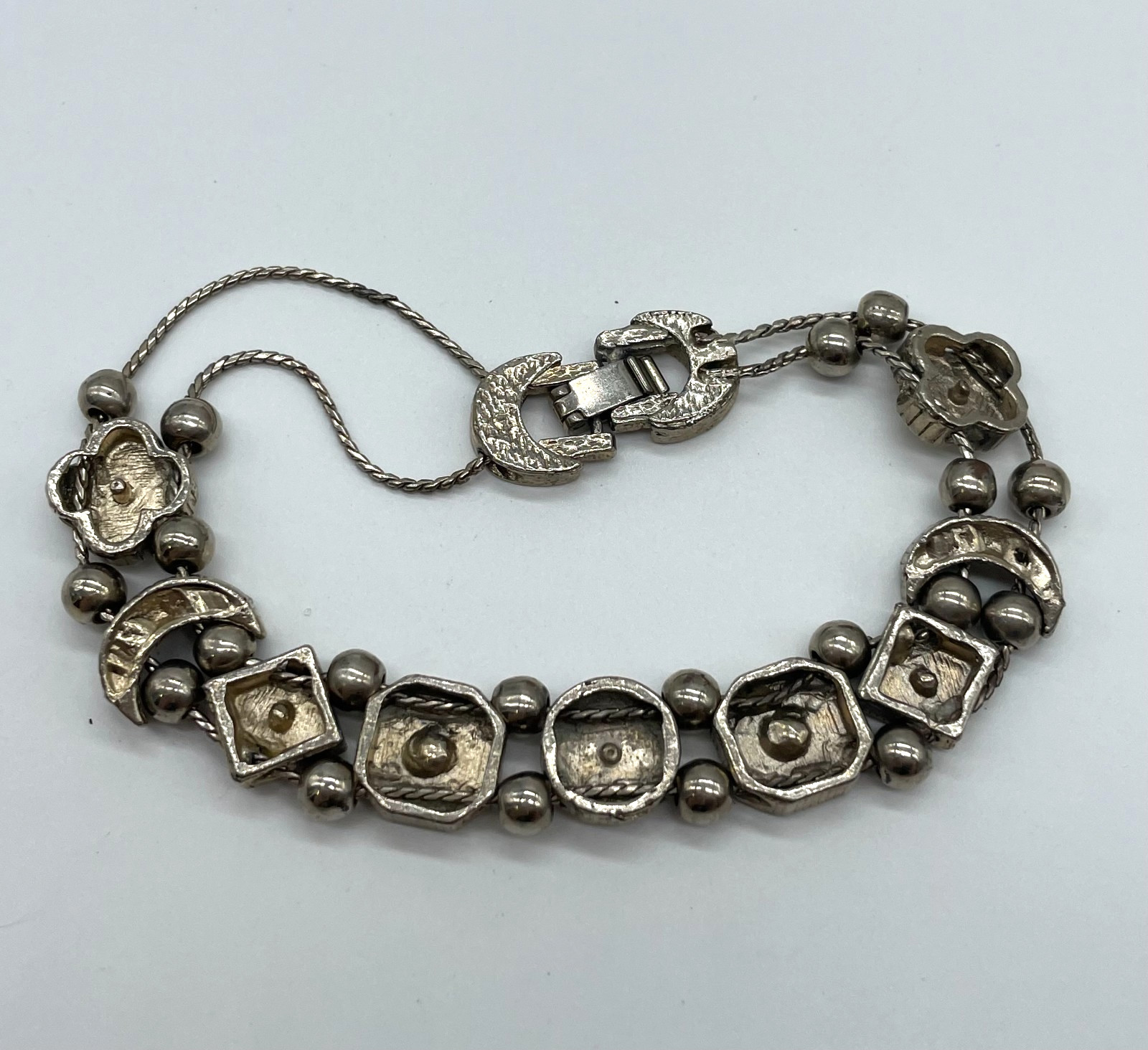 VTG Victorian Revival sliding charm ball bracelet silver tone Rhinestone 7.5″