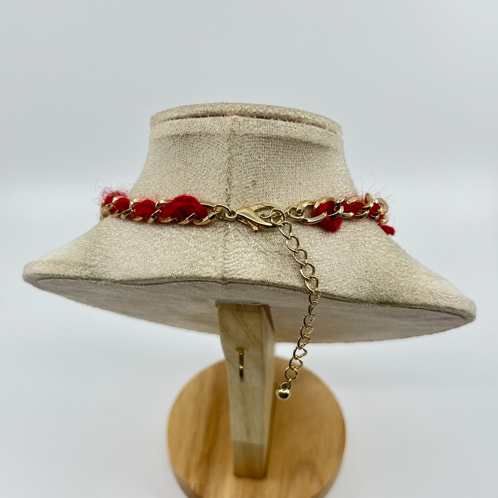 VTG Boho Red Woven Chain Collar Necklace Blue Rhinestone Floral Ribbon Statement