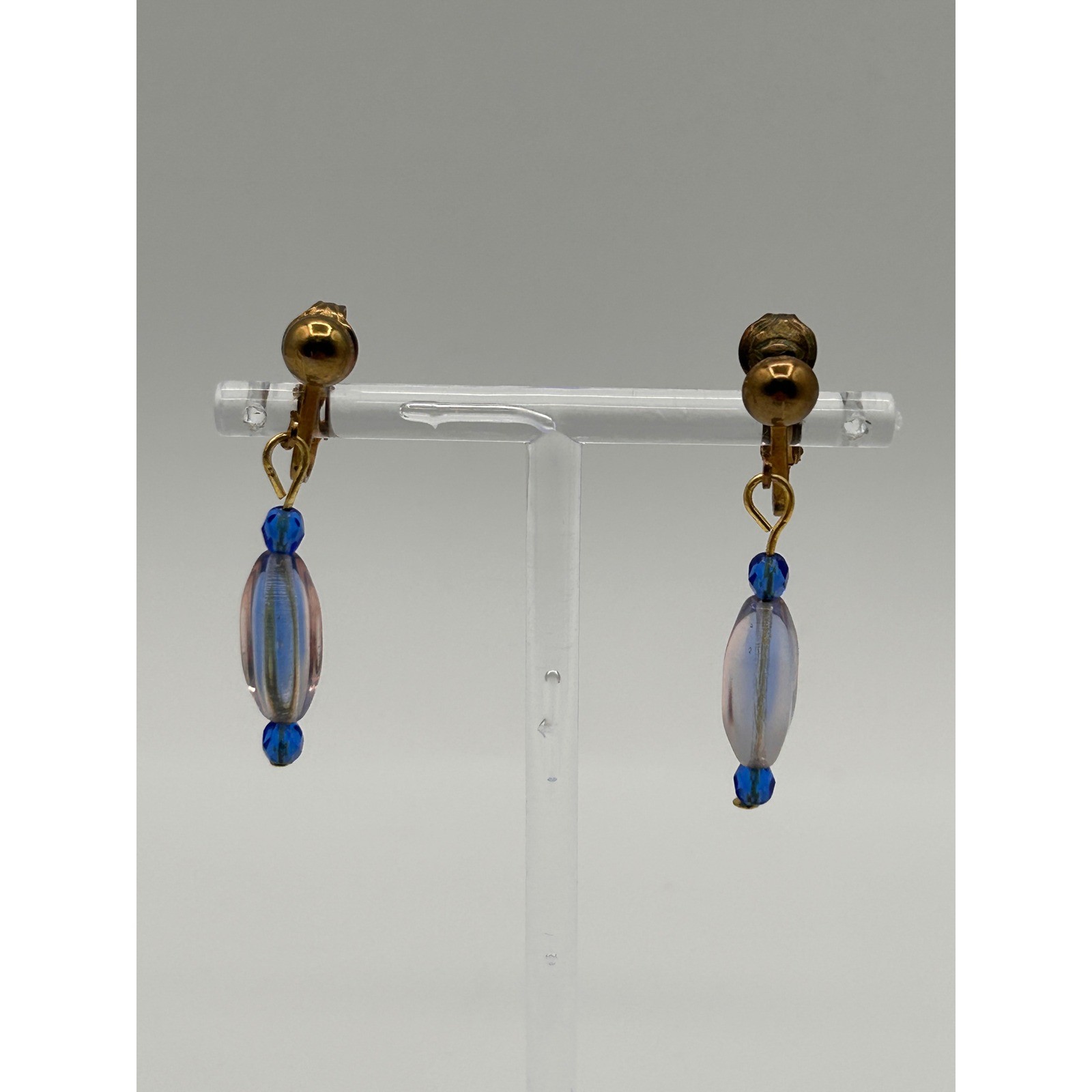 Vintage Gold Tone Blue Clear Beaded Dangle Drop Clip On Earrings