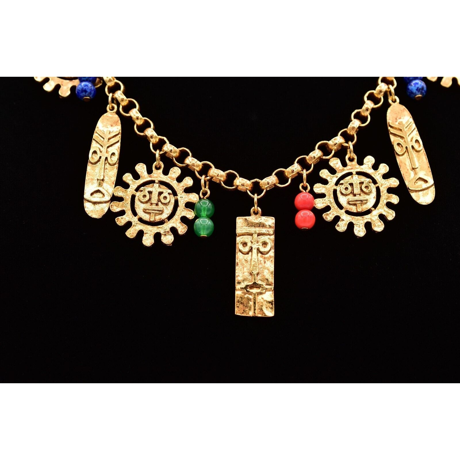 Vintage Tribal Charm Necklace Sun Tiki Mask Beaded Gold Heavy Chunky NOS BinA5