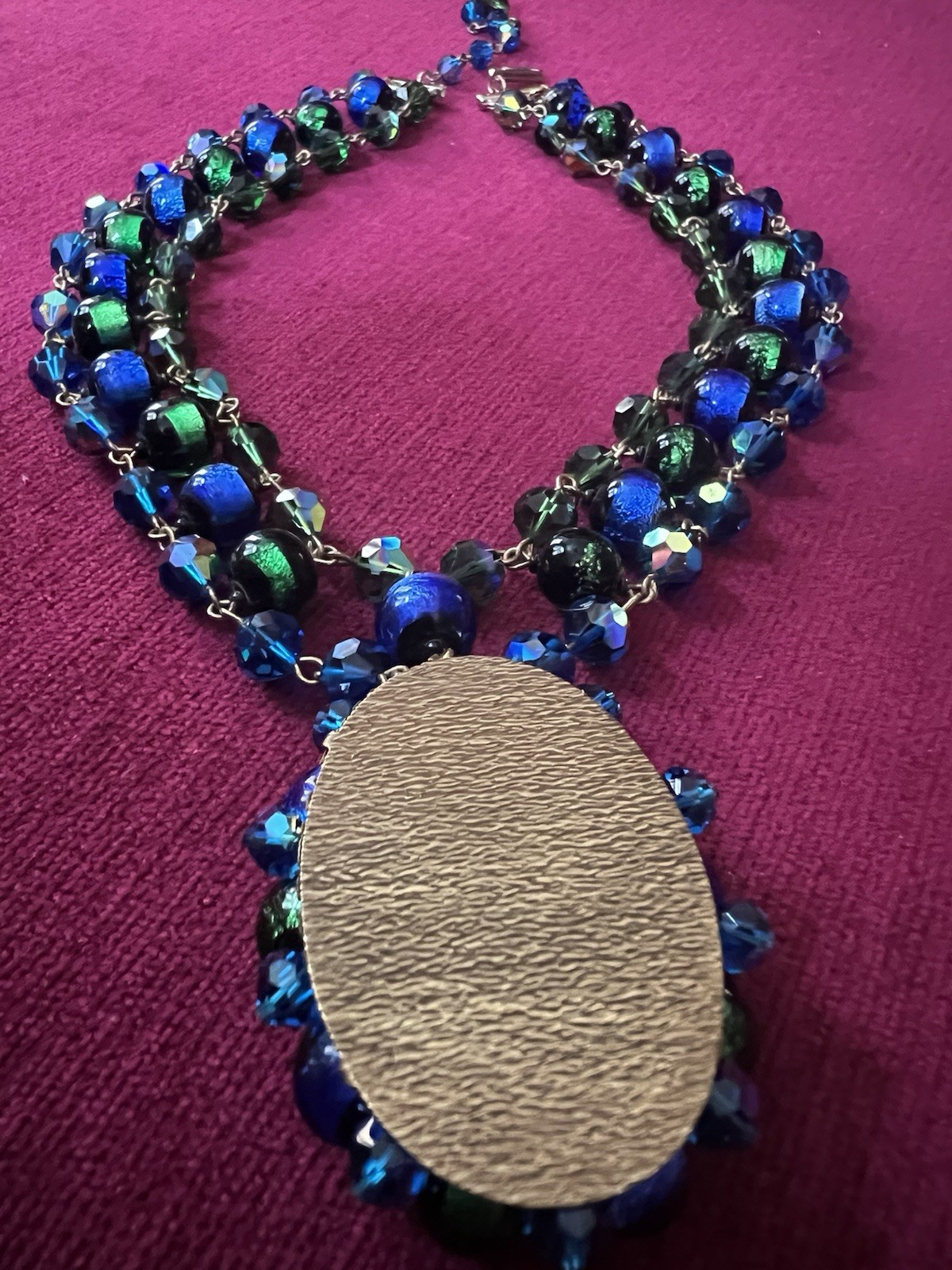 GORGEOUS VTG STATEMENT DESIGNER NECKLACE VENETIAN FOILED BLUE/GREEN GLASS BEADS
