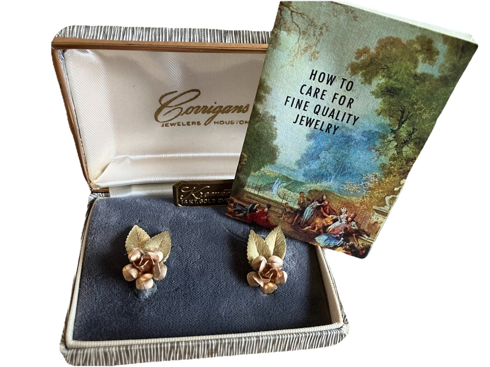Vtg KREMENTZ 14k Rolled Gold Rose Screw Back Earrings With Original Box &Insert