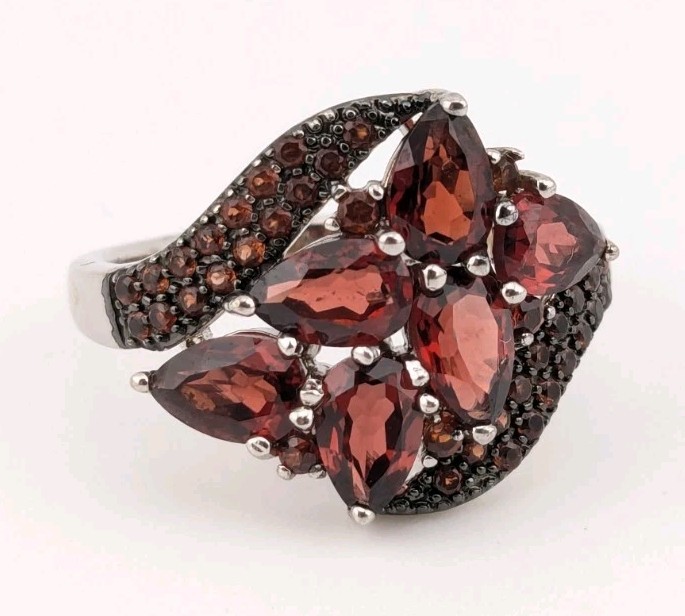 Vintage Sterling Silver Ring Garnet Cluster Pear Pavé Floral BBJ 925 Size 8