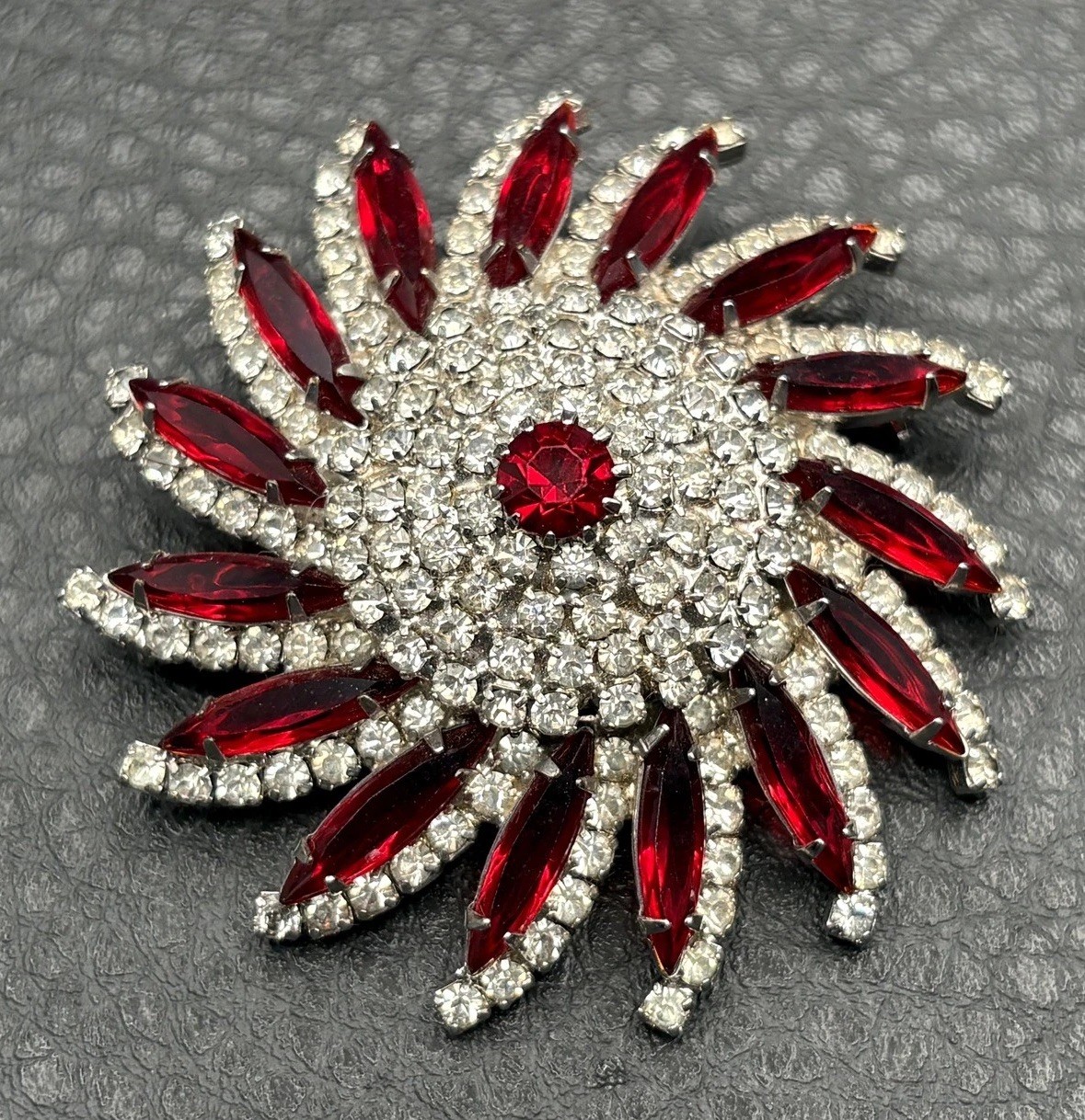 VTG Huge Attributed To Kramer Red Rhinestone Starburst Brooch Silver Tone Pin