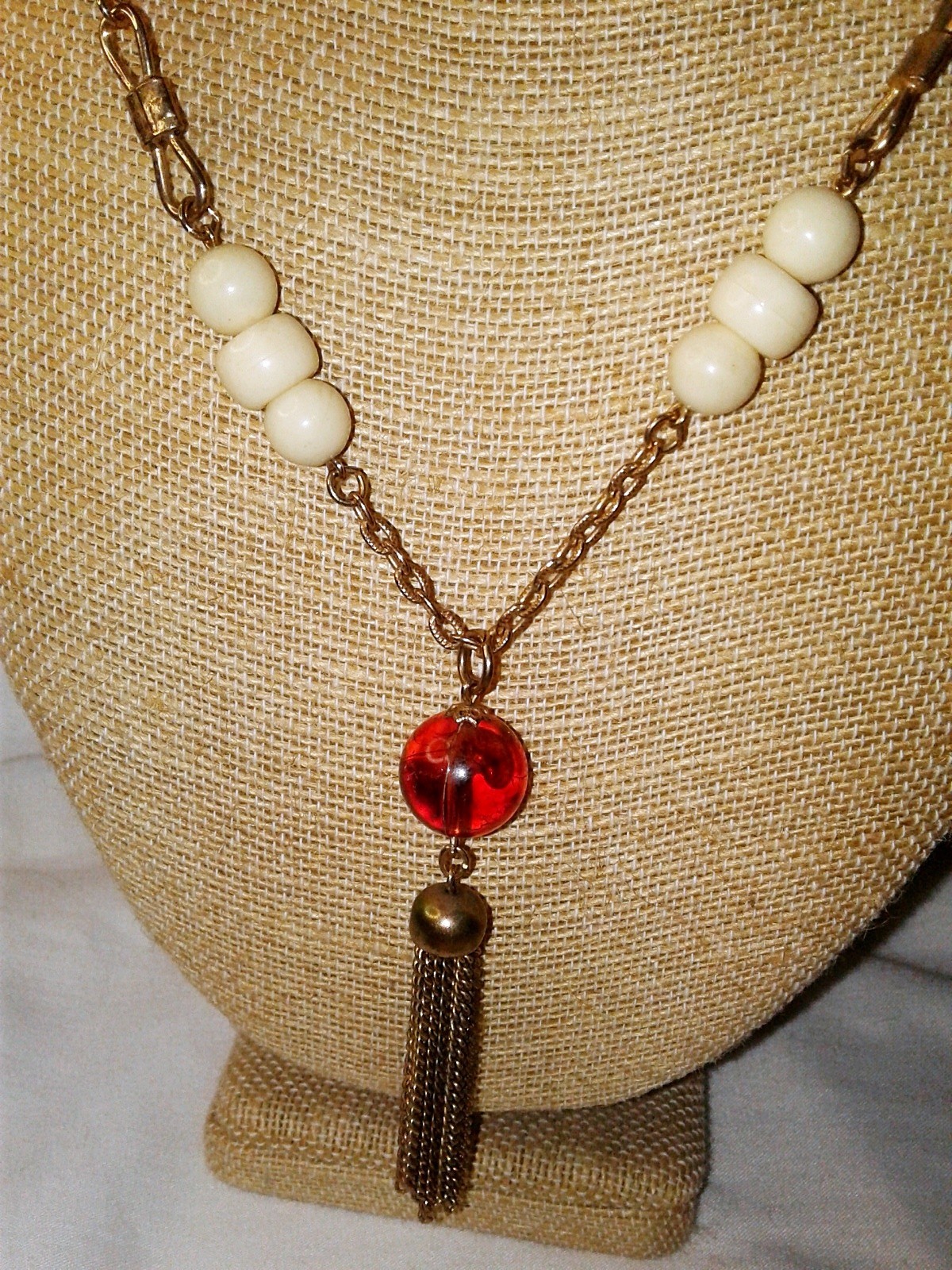 Vintage Tassel Necklace Y-Drop Brass Root Beer Cream Lucite Gold Plated MCM