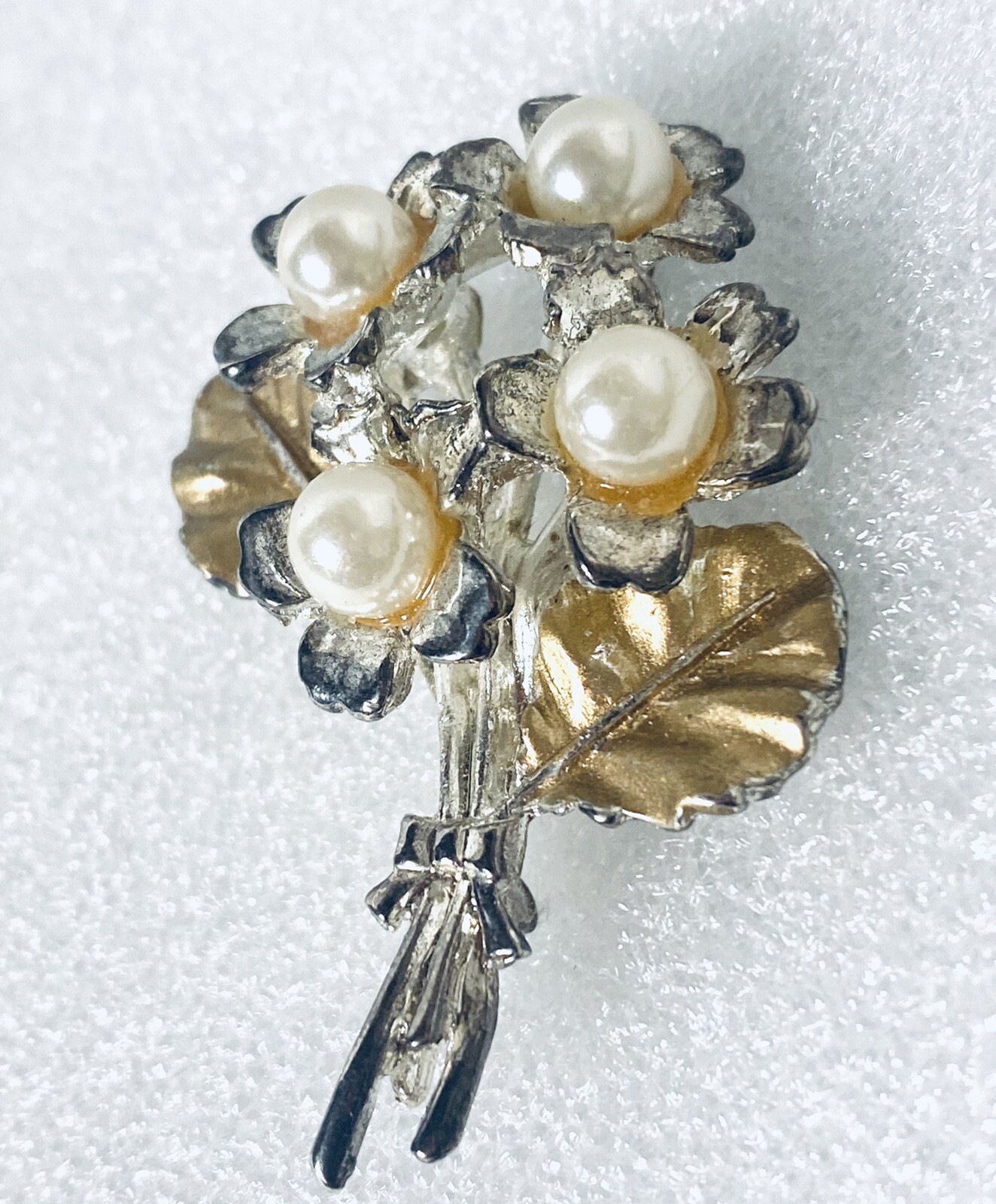 Silver Gold Flower Bouquet Pin Brooch Faux Pearls 2” See Pictures For Wear