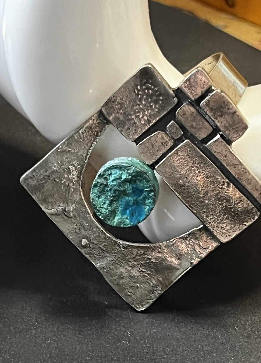 Scandinavian Brutalist 835 Silver Sz 5.75 Artist Crafted Bracelet Chrysocolla