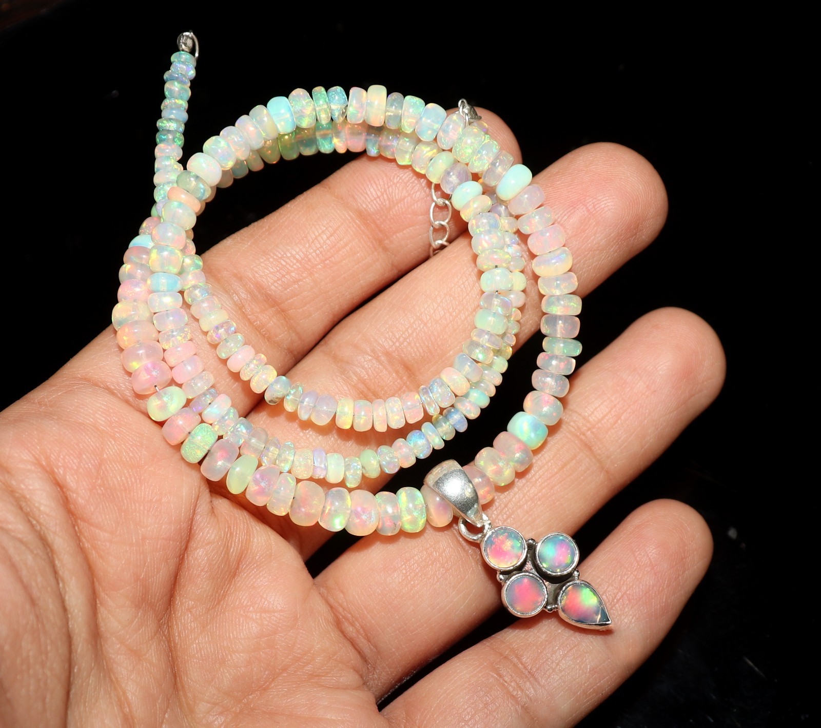 Natural Ethiopian fire opal beaded necklace with sterling silver opal pendant