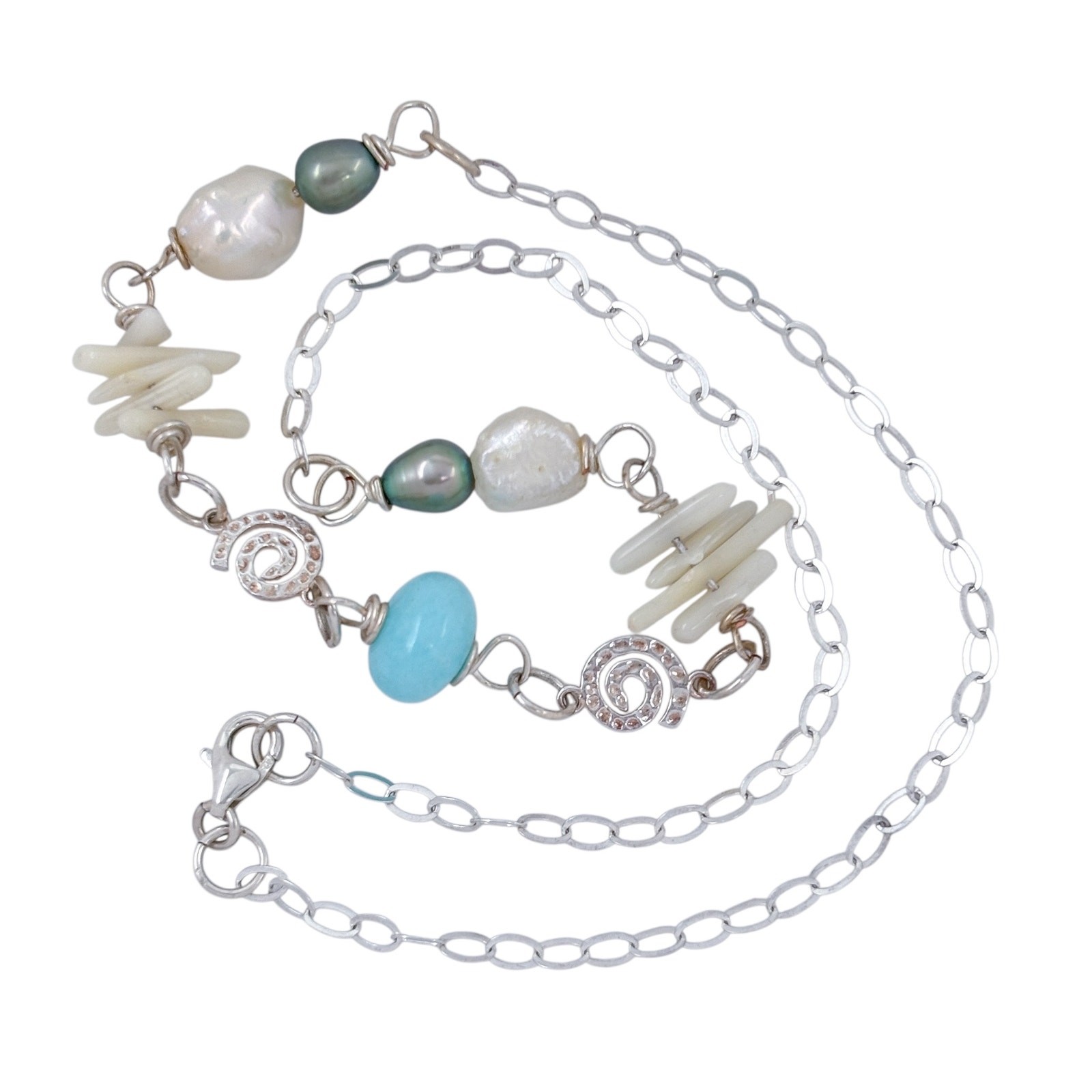 Vintage Sterling Silver 925 White Pearl Shell Spiral Blue Bead Necklace 16.5″