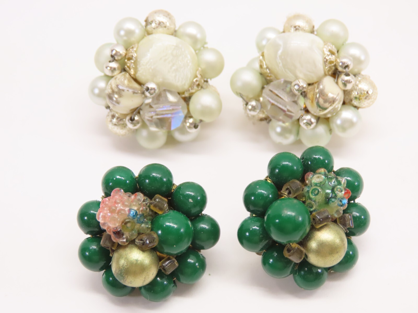 VTG Earrings Cluster Bead Clip On Some Japan Faux Pearl Lucite Plastic + D2542