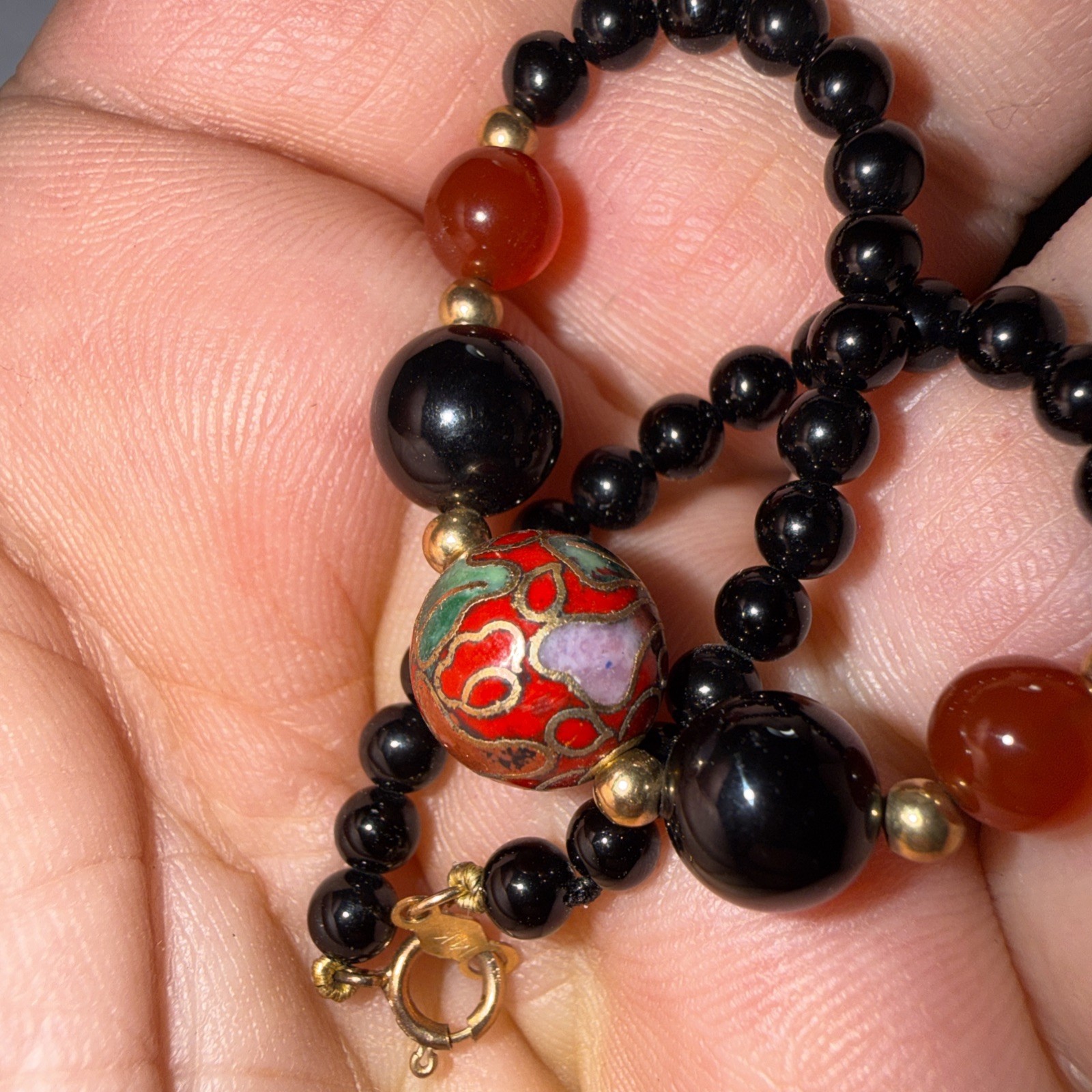 14k Gold Bracelet Black Coral Cloisonne Vintage Unused 6.75” Biggest Bead 10mm