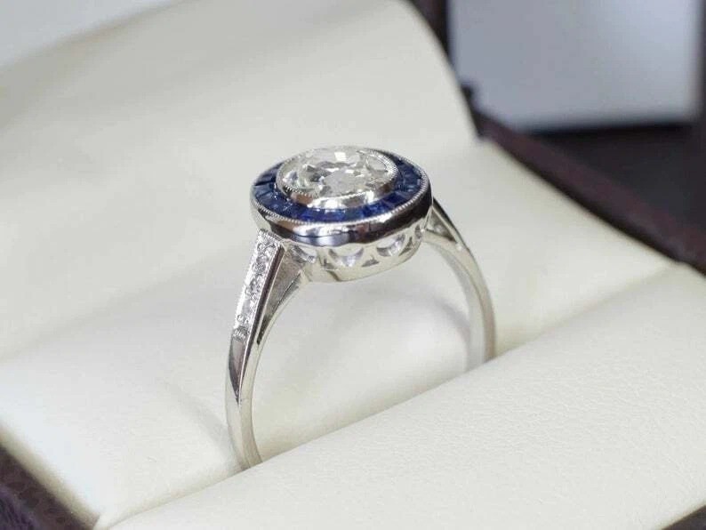 Art Deco Old Mine Lab-Created Diamond Halo Engagement 14K White Gold Finish Ring