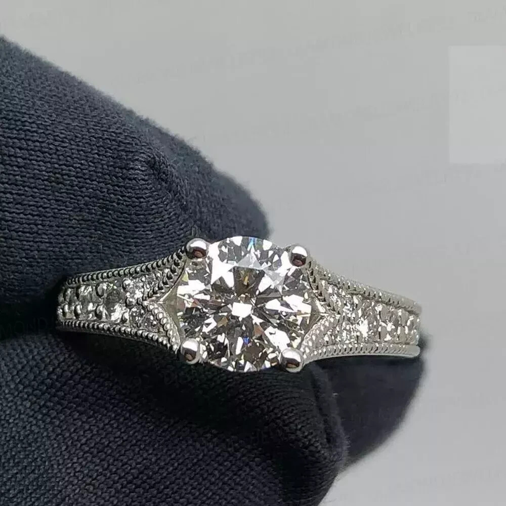 Art Deco Vintage Round Cut Lab Created Diamond 14K White Gold FN Engagement Ring