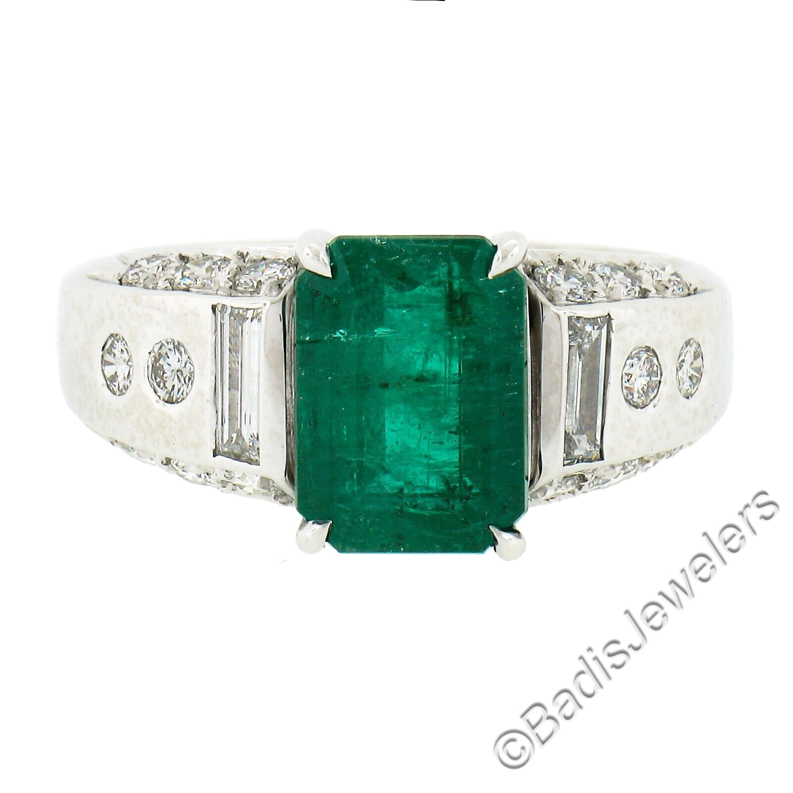 Platinum 3.67ctw GIA Octagonal Green Emerald w/ Baguette & Round Diamond Ring