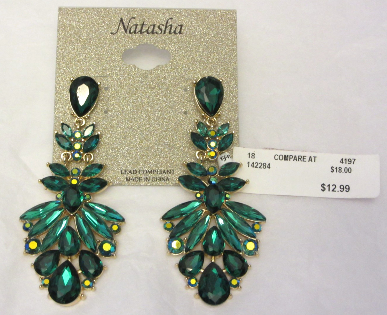 VTG NATASHA Gold Tone & Green Rhinestone Large Unused Earrings on Tag