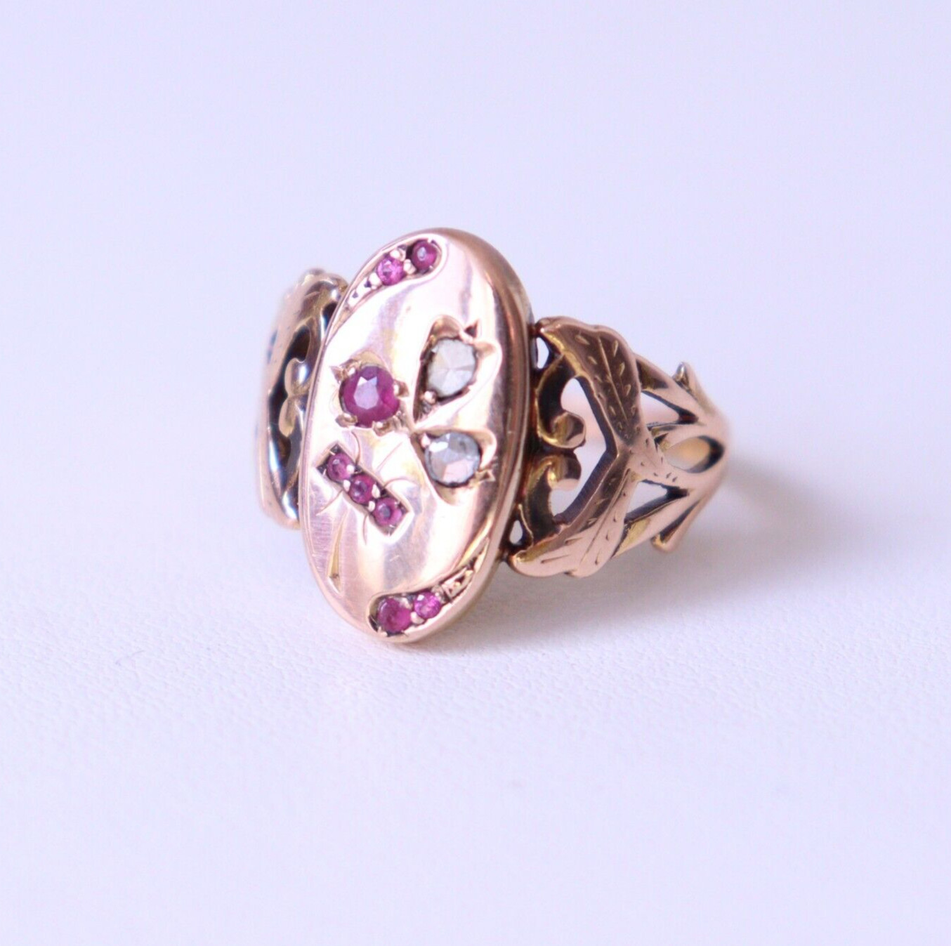 Antique Vintage 14k Rose Gold Ring Rose Cut Diamonds Ruby and Simili NO TARIFF
