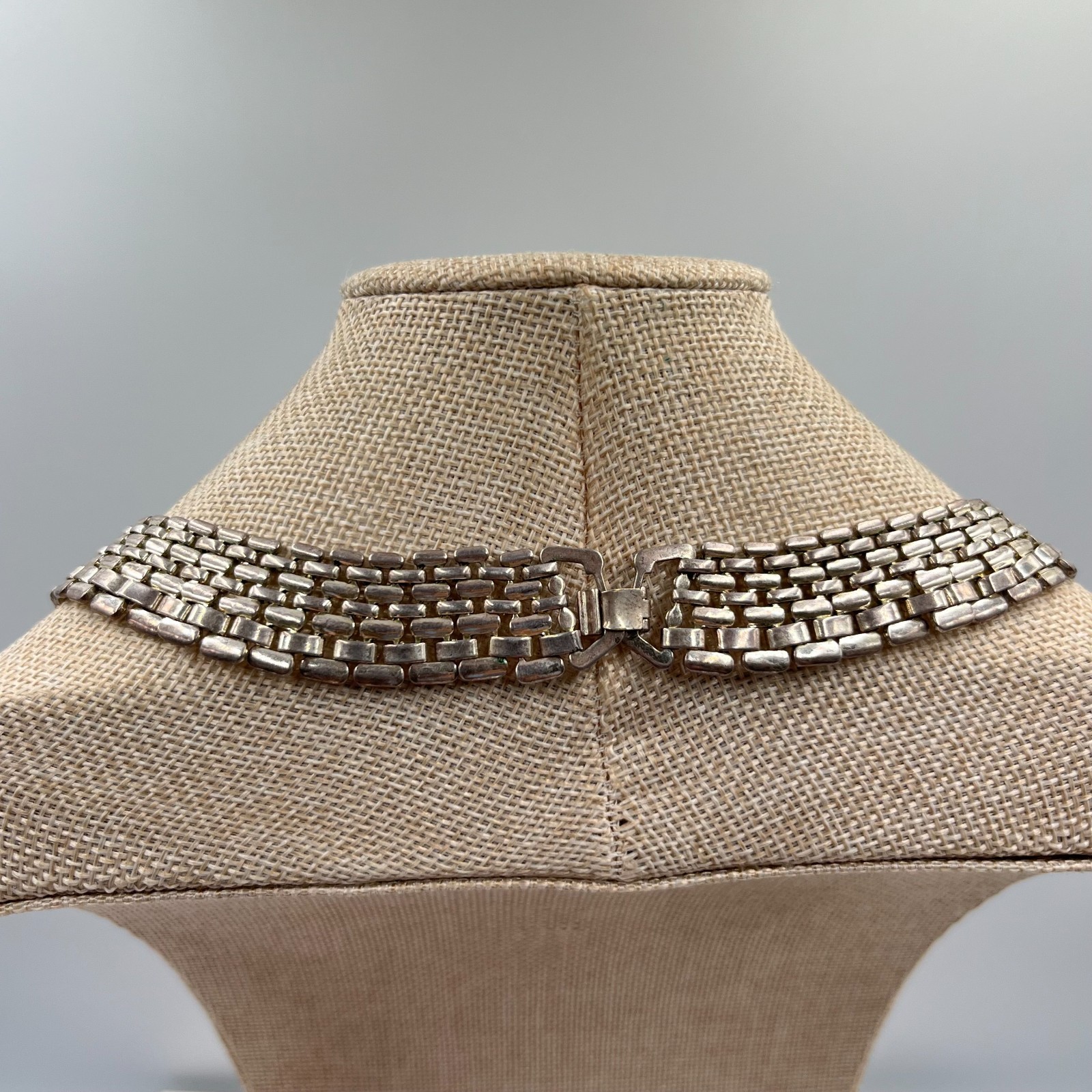 Vintage Retro Silver Tone 7-Row Brick Link Choker Necklace, Deco Style Statement