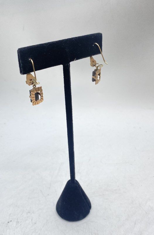 10K Yellow Gold Faceted Hematite Drop Earrings Vintage Style 1″ 3.4g