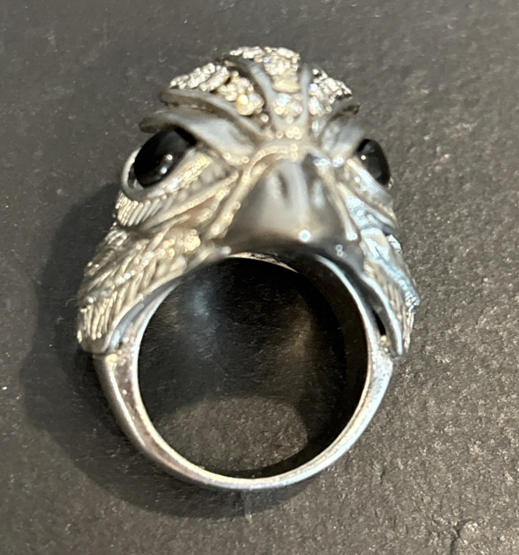 Silver Tone Statement Bird Head Ring Clear Rhinestones Faux Onyx Eyes Size 6.5
