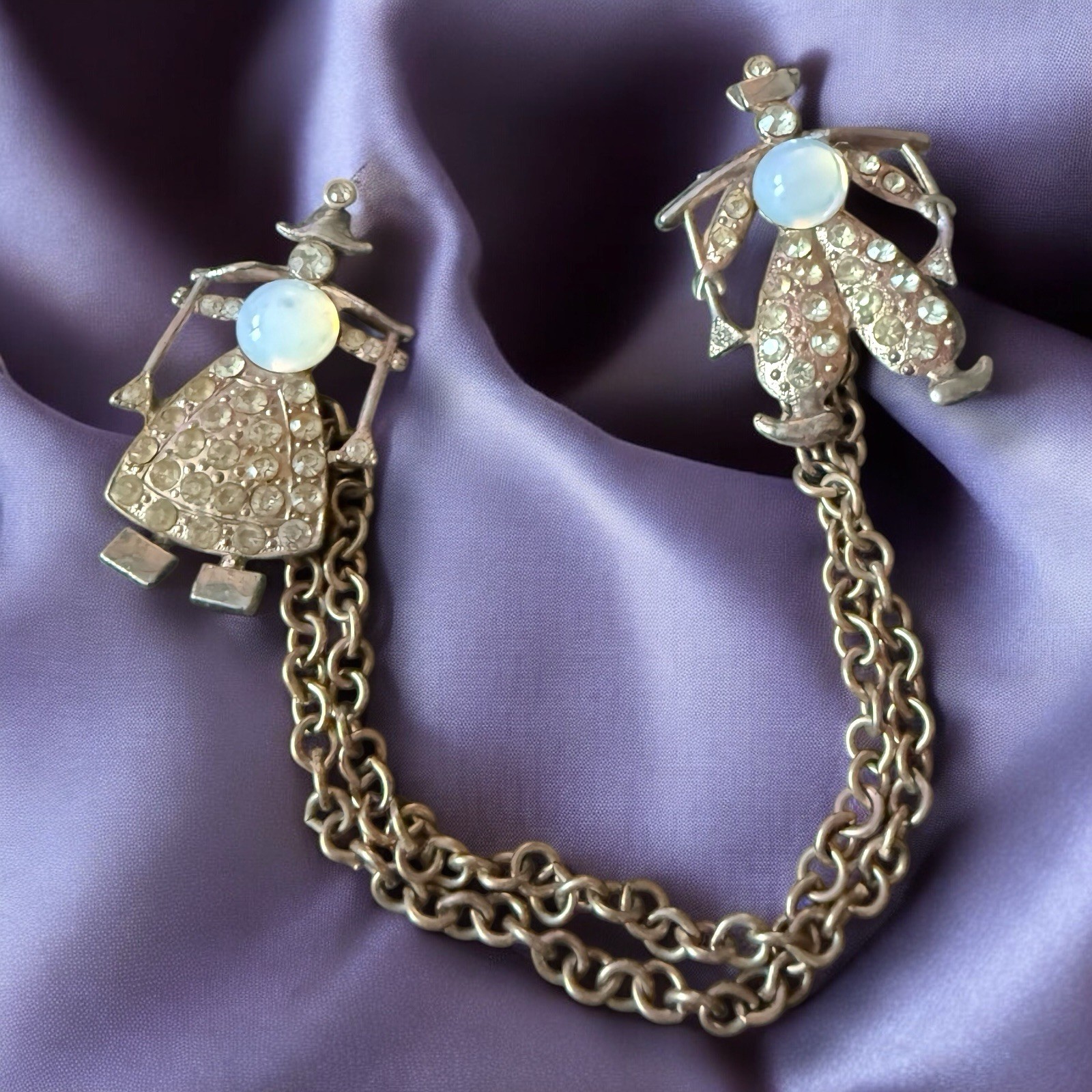 Opaline Glass Chatelaine Brooch Pot Metal Dutch Boy Girl Vintage 1940s