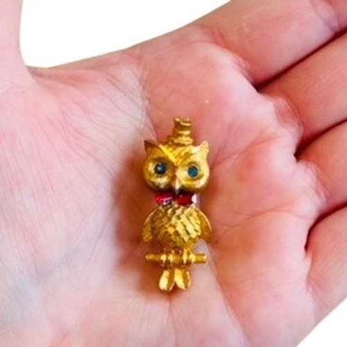 VTG Mamselle Whimsical Owl Brooch Pin Figural Rhinestone Gold Tone Retro 60s