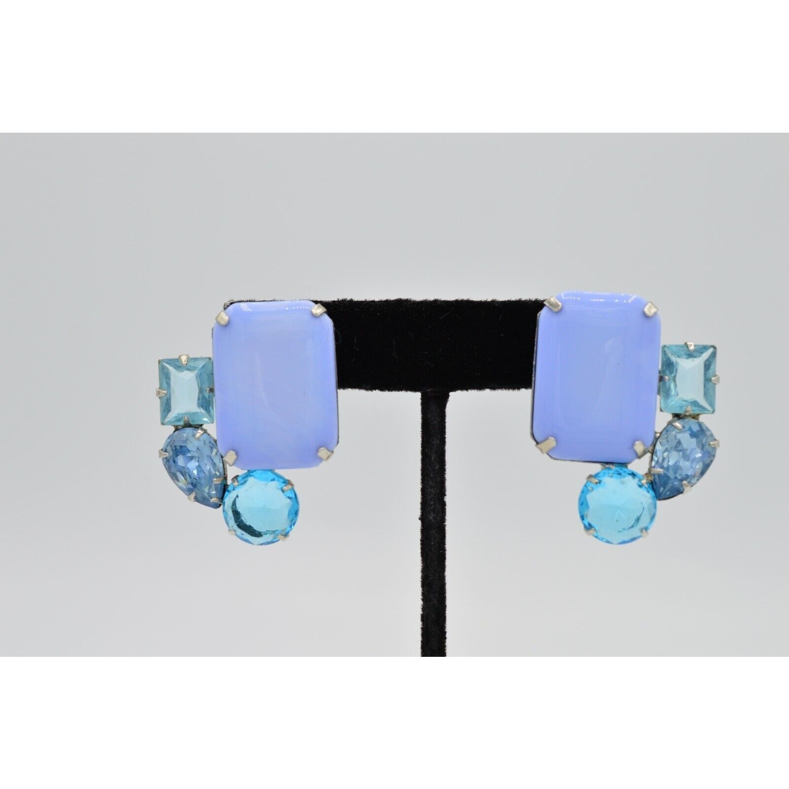 Vintage Cabochon Clip On Earrings Multi Blue Rhinestone Crystal Bezel 1980s W5