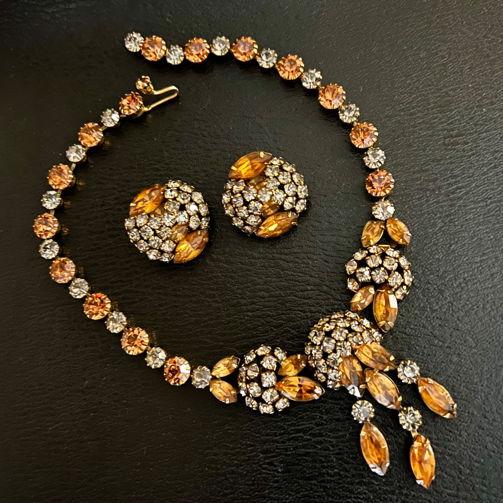 Vintage Kramer Tiered Topaz Honey Amber Rhinestone Necklace & Earrings Demi Set