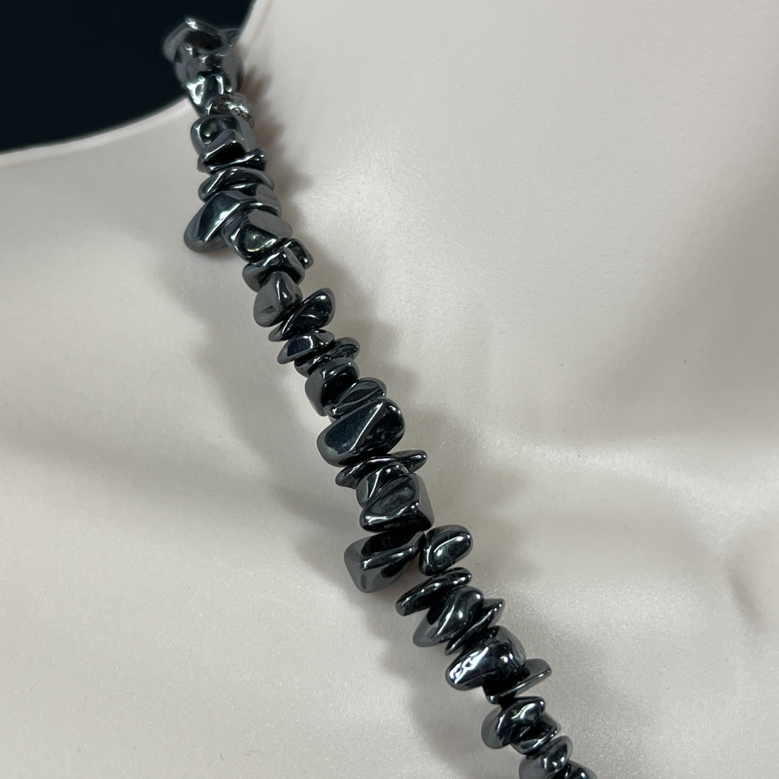 Tumbled Hematite Beaded Necklace Vintage Natural Chip 17″