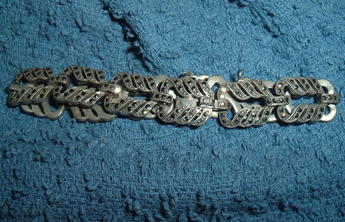 VINTAGE 800 FINE STERLING MARCASITE 6.5″ LINK BRACELET 12MM WIDE 21.7 GRAMS