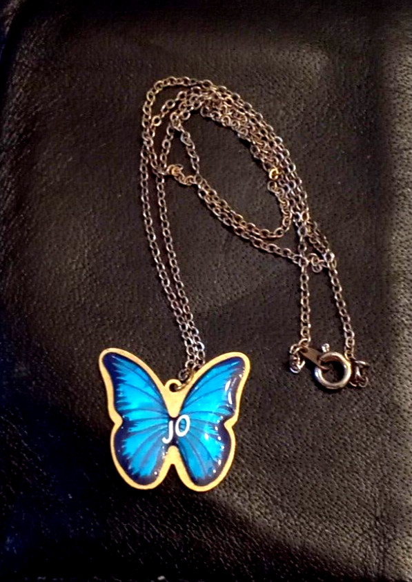 Reversible Butterfly 1″ Pendant NECKLACE 18″ Silver tone Chain Blue/Pink name JO