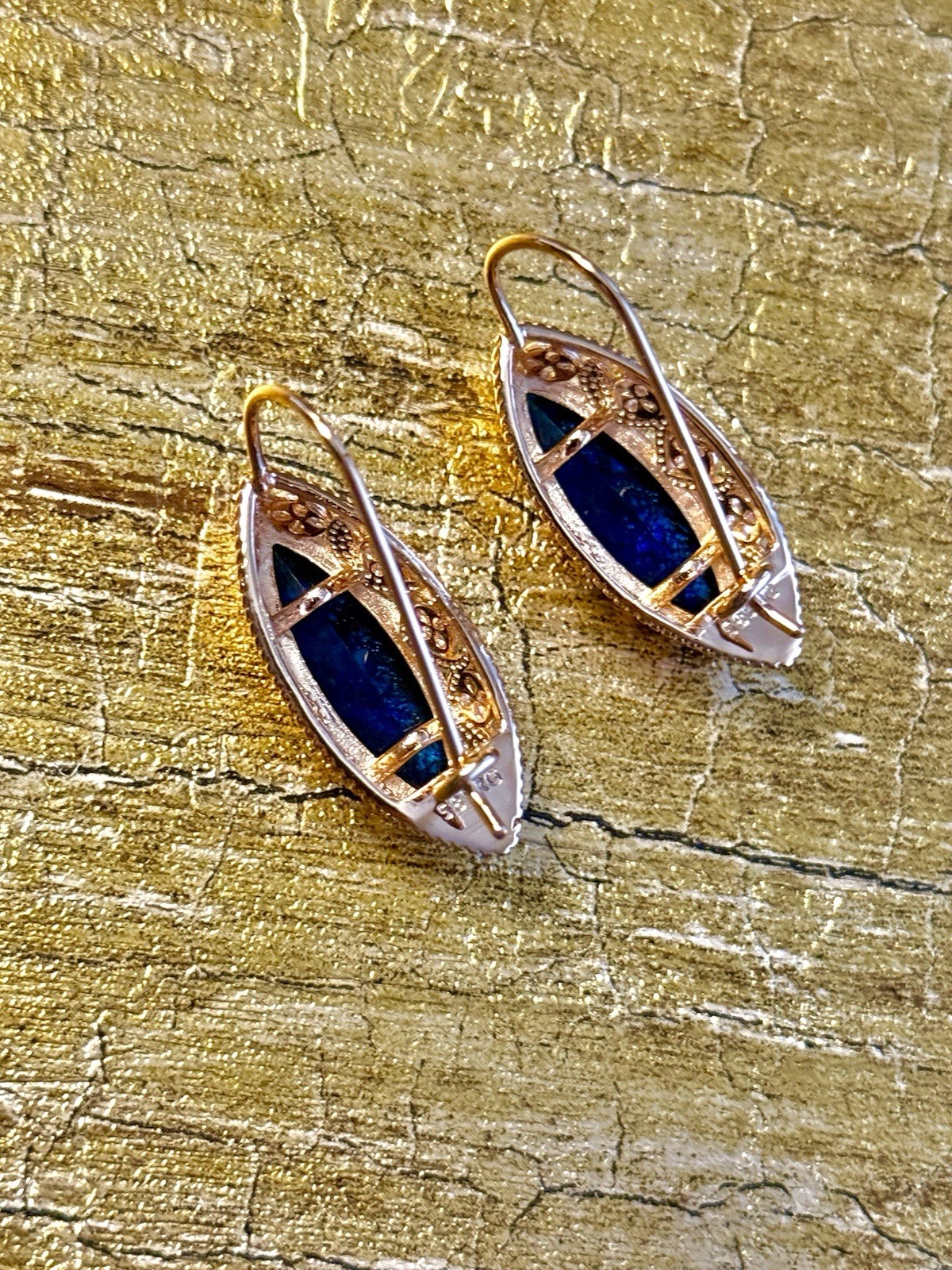 Estate Art Deco Style Czech BLUE ZIRCON Navette Necklace Earrings Ring SZ8 14kRG