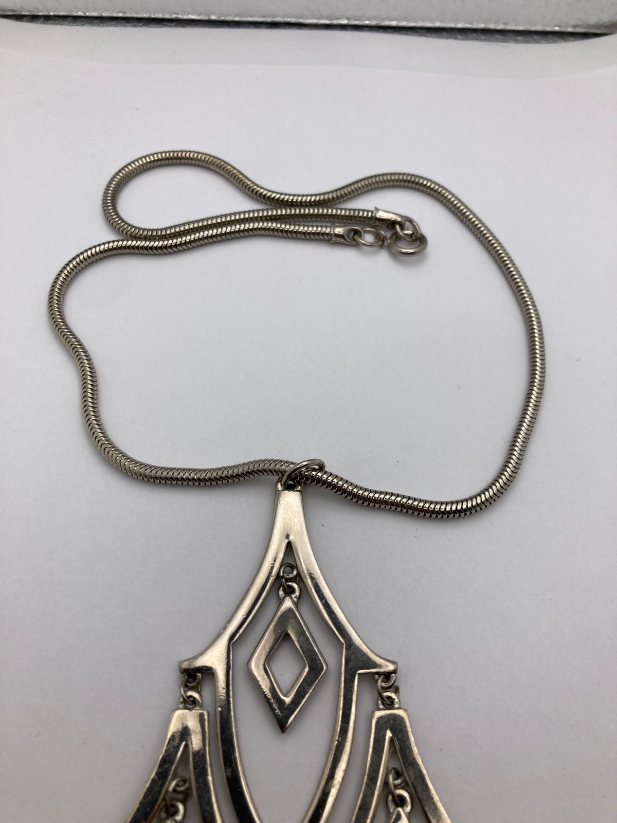 Vintage Modern Large Silvertone Pendant Necklace With Abstract Design