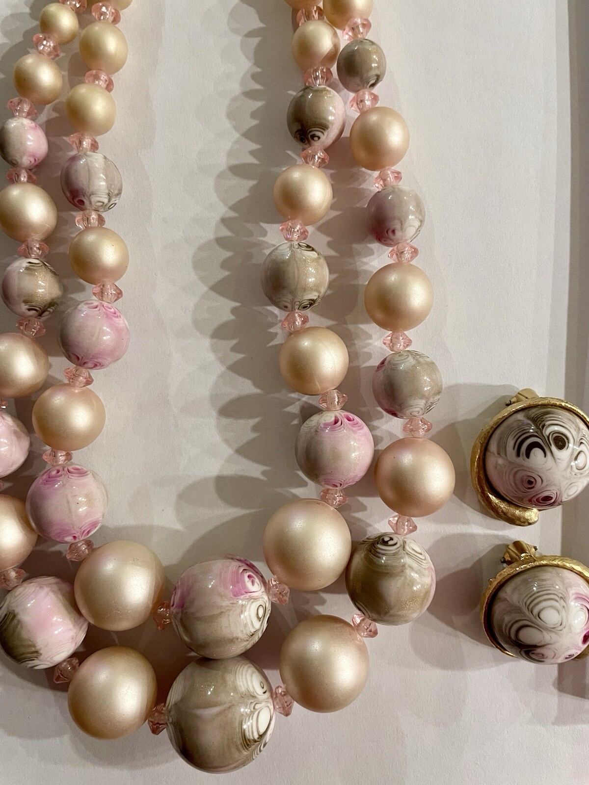 Vintage Pink Beaded Necklace Multi-strand Adjustable 17″ With Matching Earrings