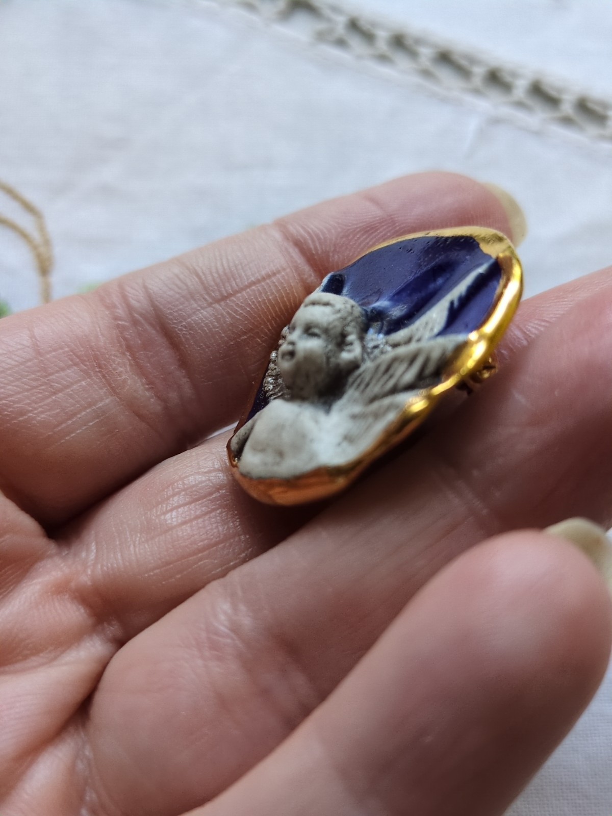 Brooke Andrews Handmade Cherub Angel Ceramic Pendant/ Brooch, Gold Trim
