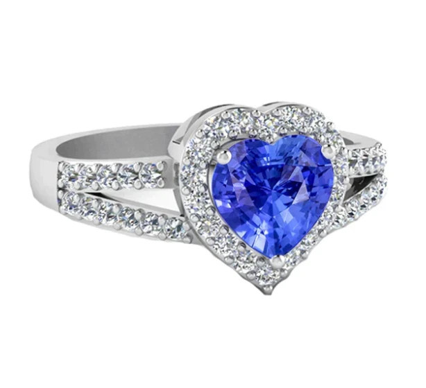 Ceylon Blue Heart Cut 3.52CT Tanzanite & Moissanite White Diamonds Halo Ring