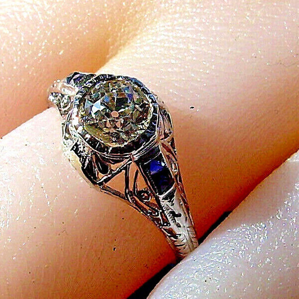 Original EARTH MINED DIAMOND Sapphire Deco Engagement Ring PLATINUM Solitaire 6