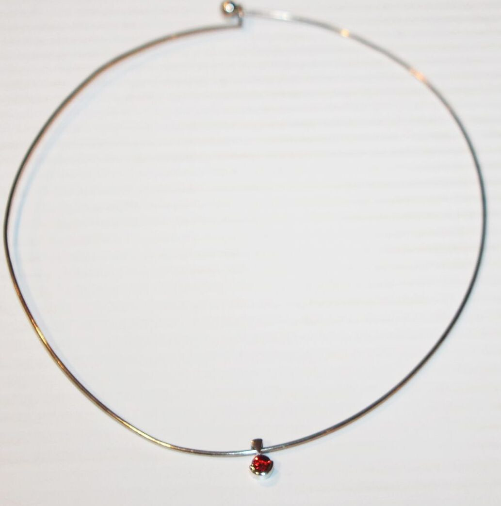 Estate Sterling Silver Neckwire Choker Chain 925 Necklace + Synth Ruby Pendant