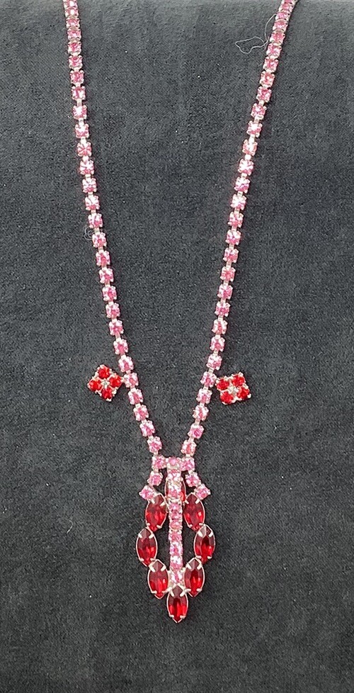 Vintage Pink And Red Rhinestone 16” Necklace Set With Earrings
