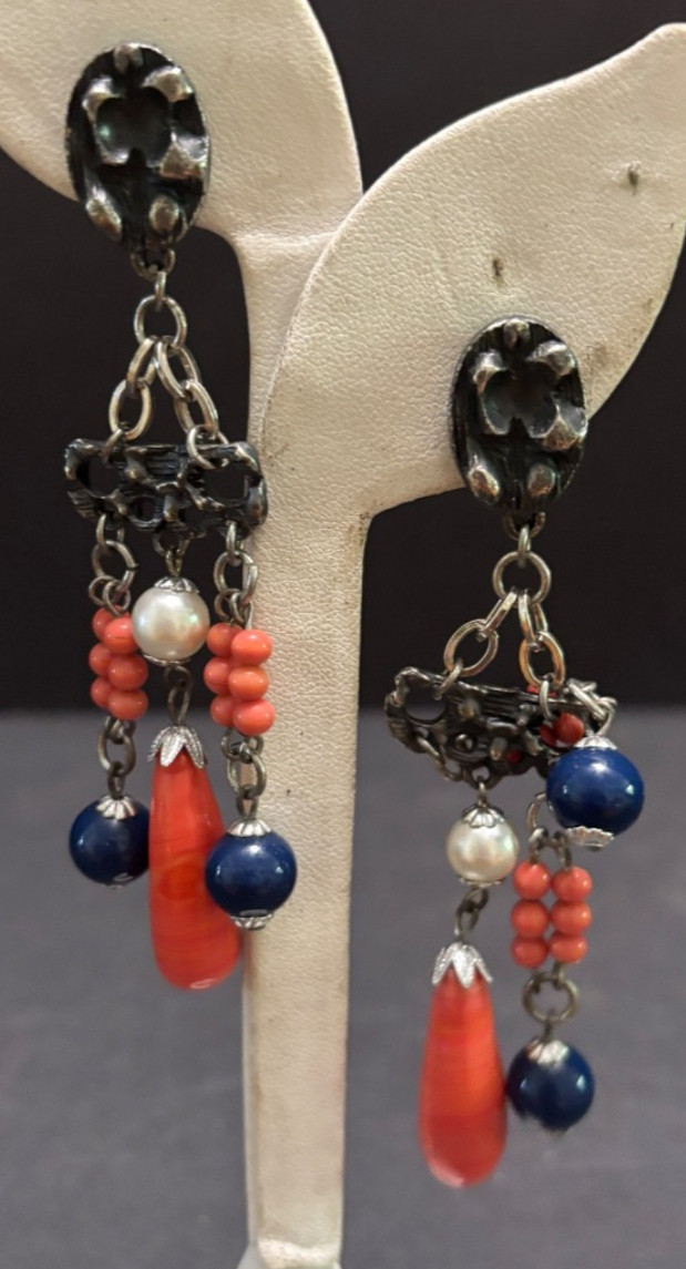 Vintage Boho EARRINGS Coral Lapis Faux Pearl 4″ Dangling Estate Screw Backs