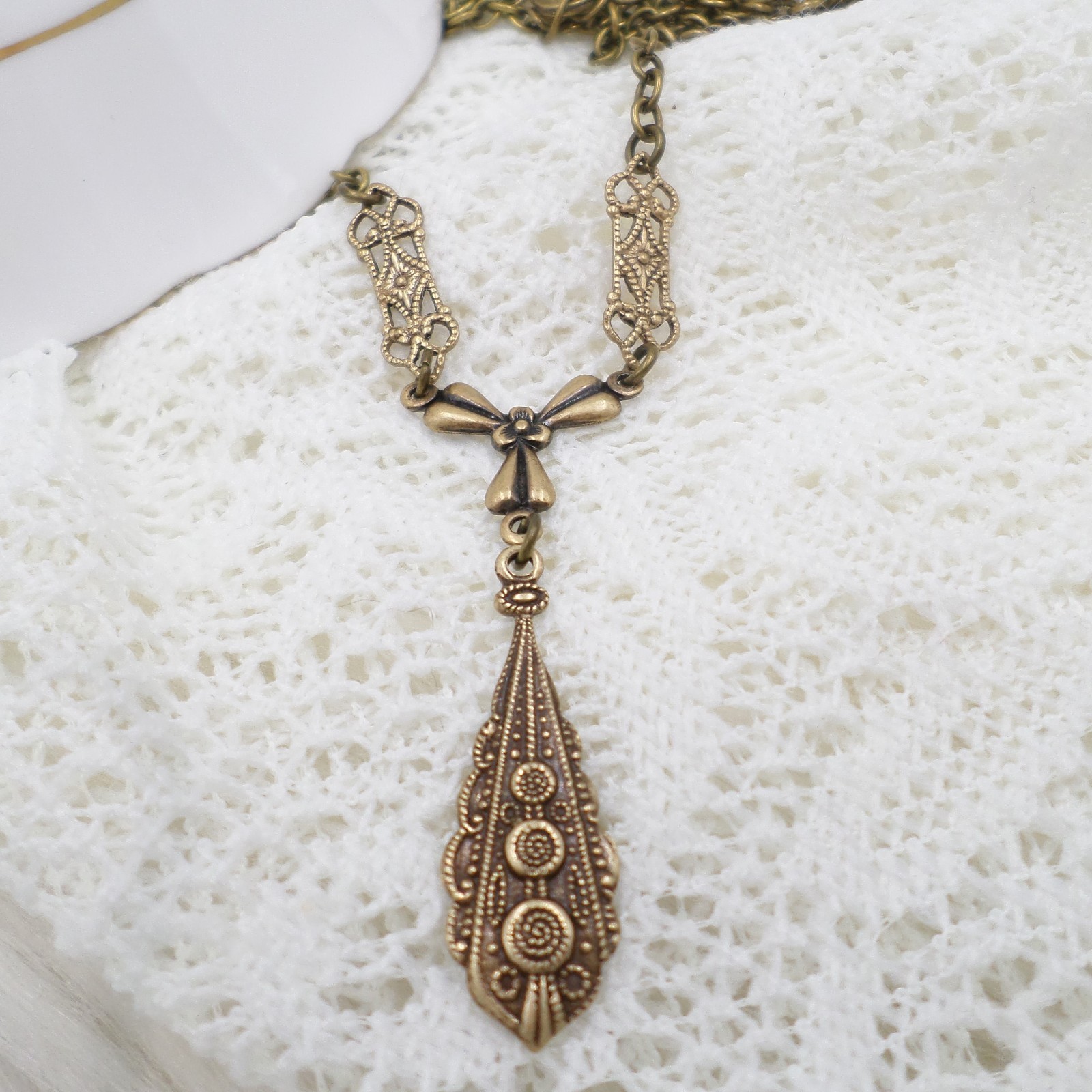 Victorian Style Brass Filigree Charm Necklace: Handmade Bow & Teardrop Jewelry