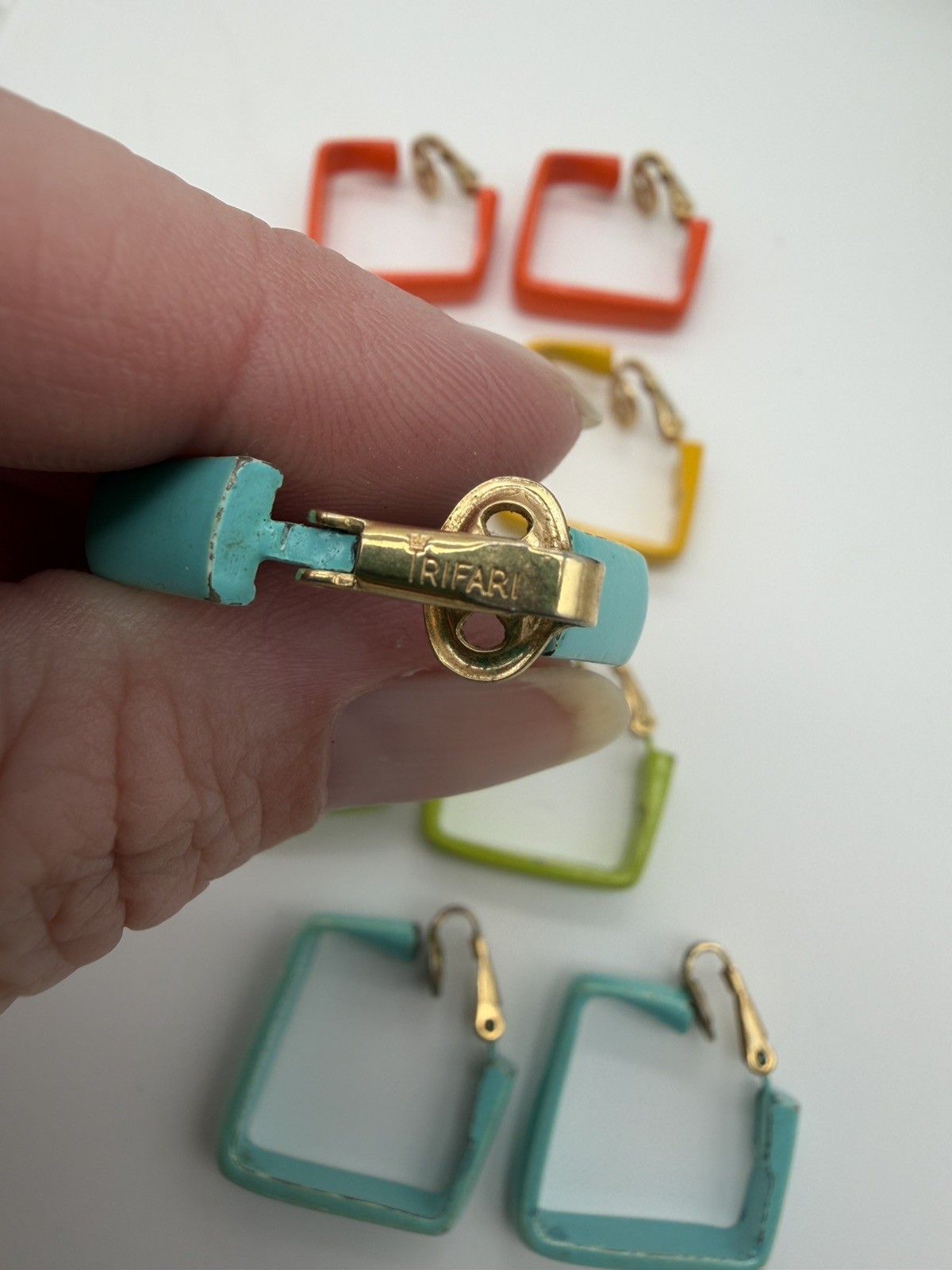 Vintage Crown Trifari Enamel Square Hoop Clip On Earrings Lot Multi Color 1960s
