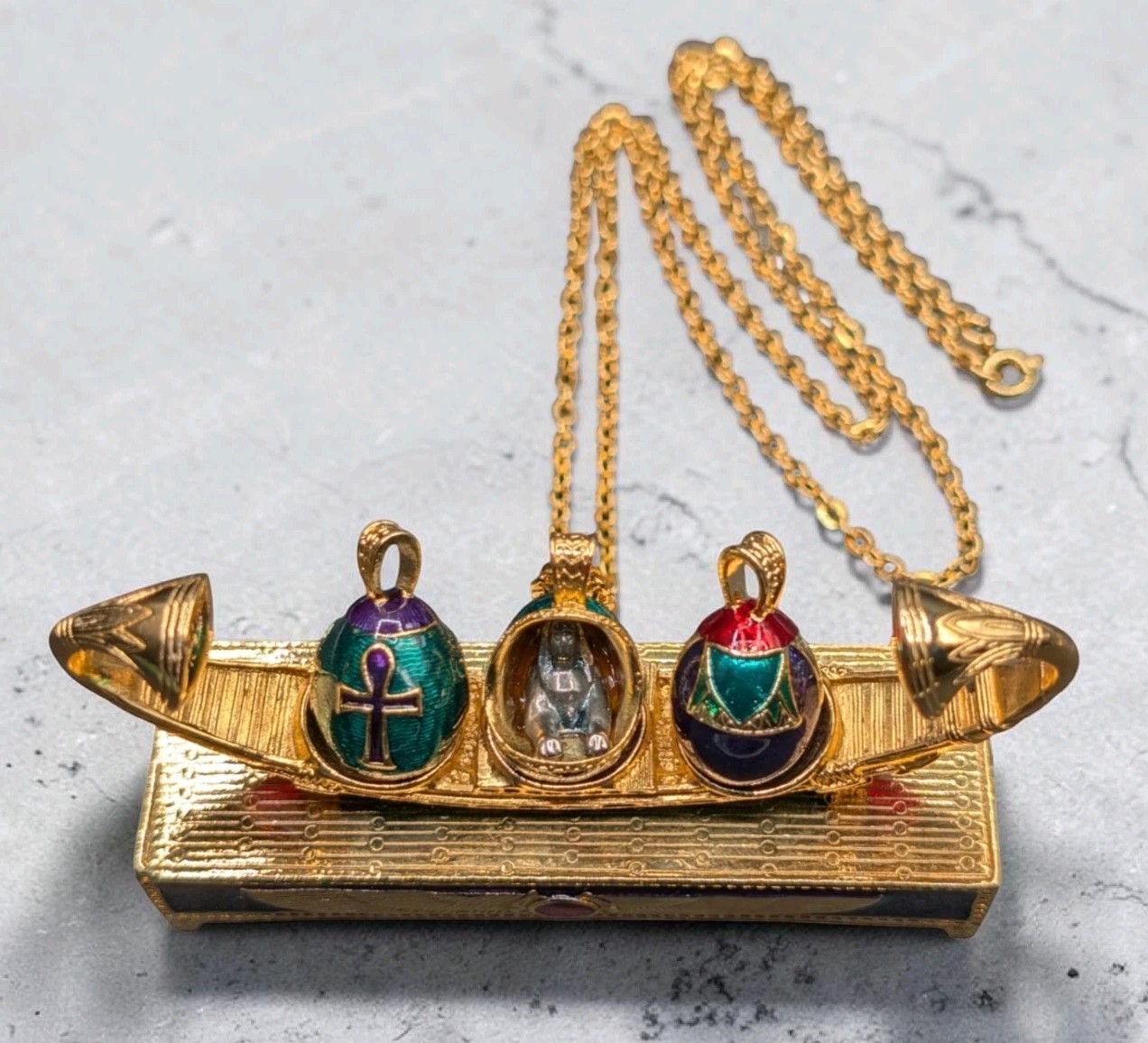 Vtg Edgar Berebi Limited Edition Egyptian Revival Eggs Boat Of Symbols Necklace