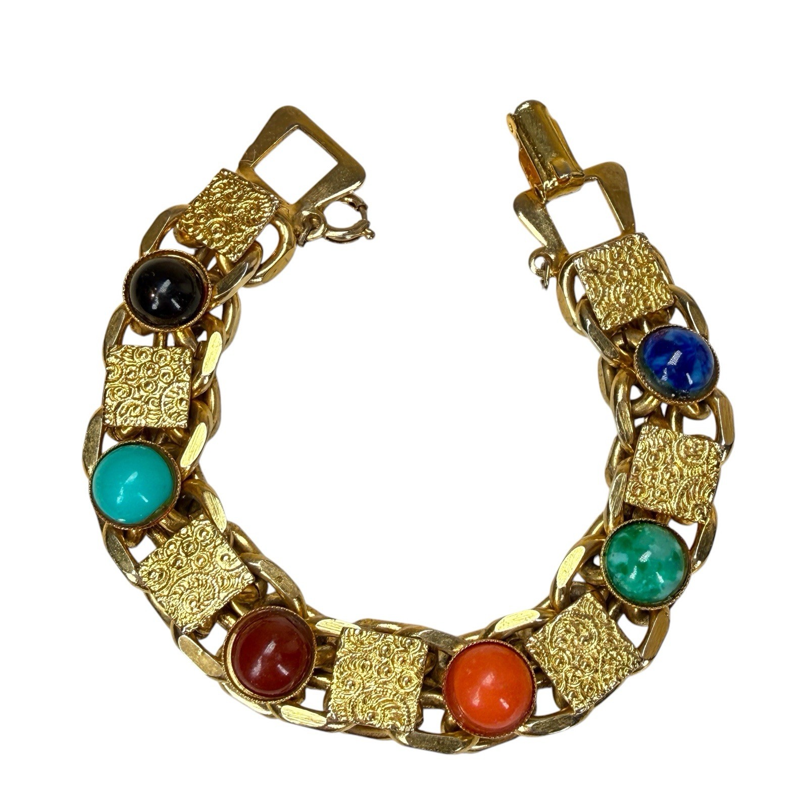 Vintage MCM Etruscan Revival Multi Color Cabochon Book Chain Bracelet 6.25″