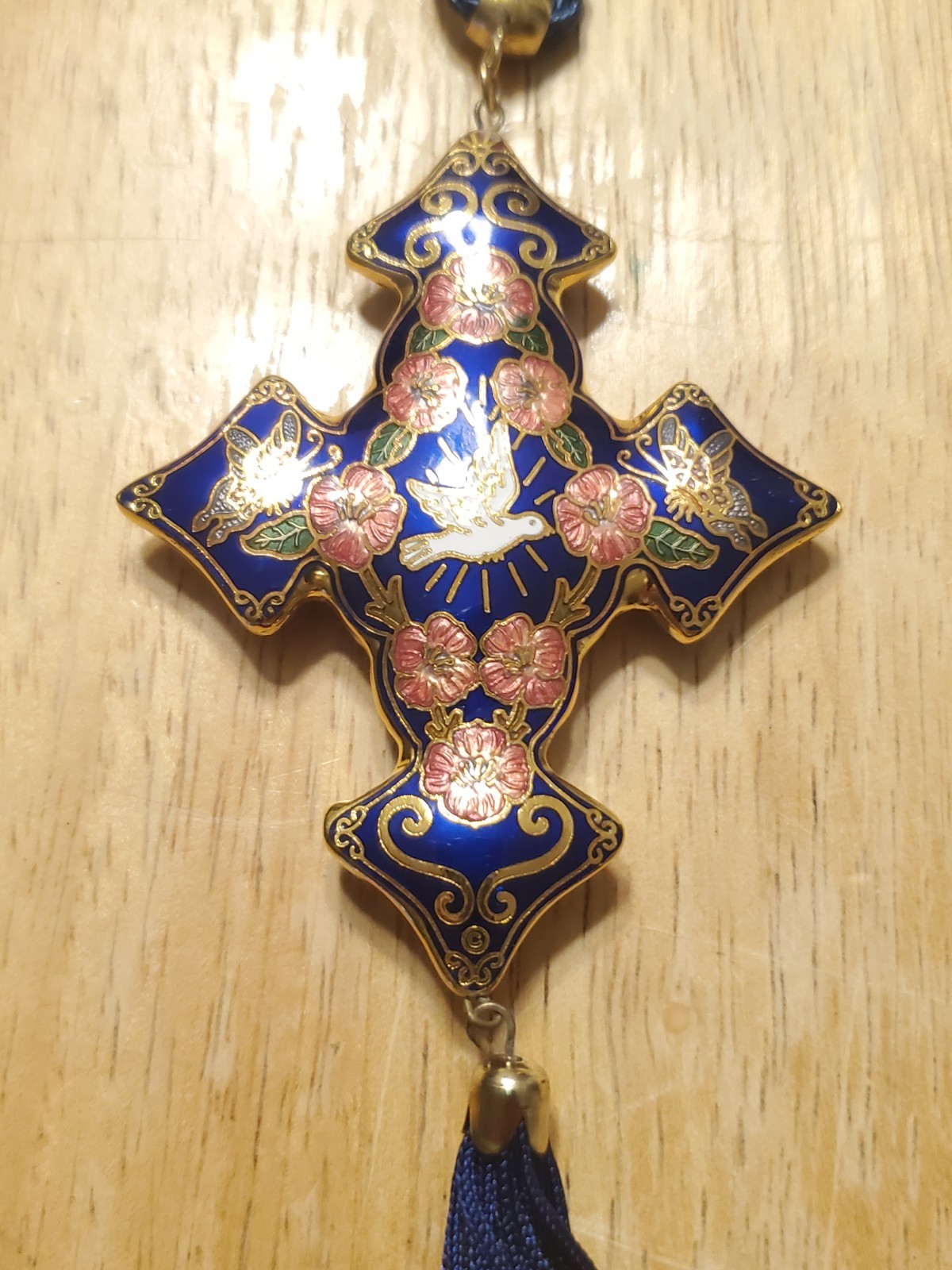 Vintage Cloisonne Cross Pendant Deep Blue with Goldtone Trim, 54.1 Grams Heavy
