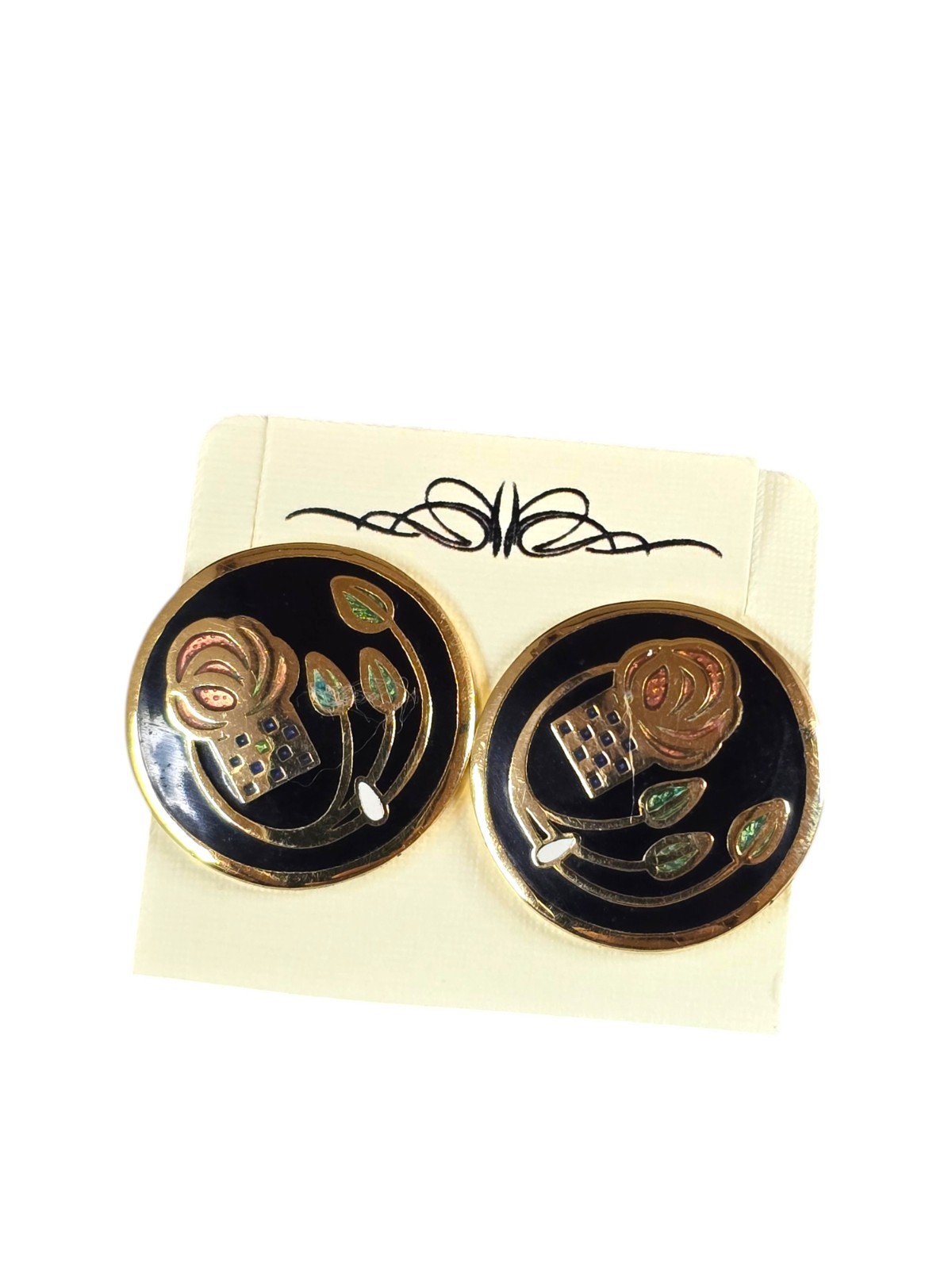 Vintage Women’s Gold Plated Black Coisonne Round Stud Earrings