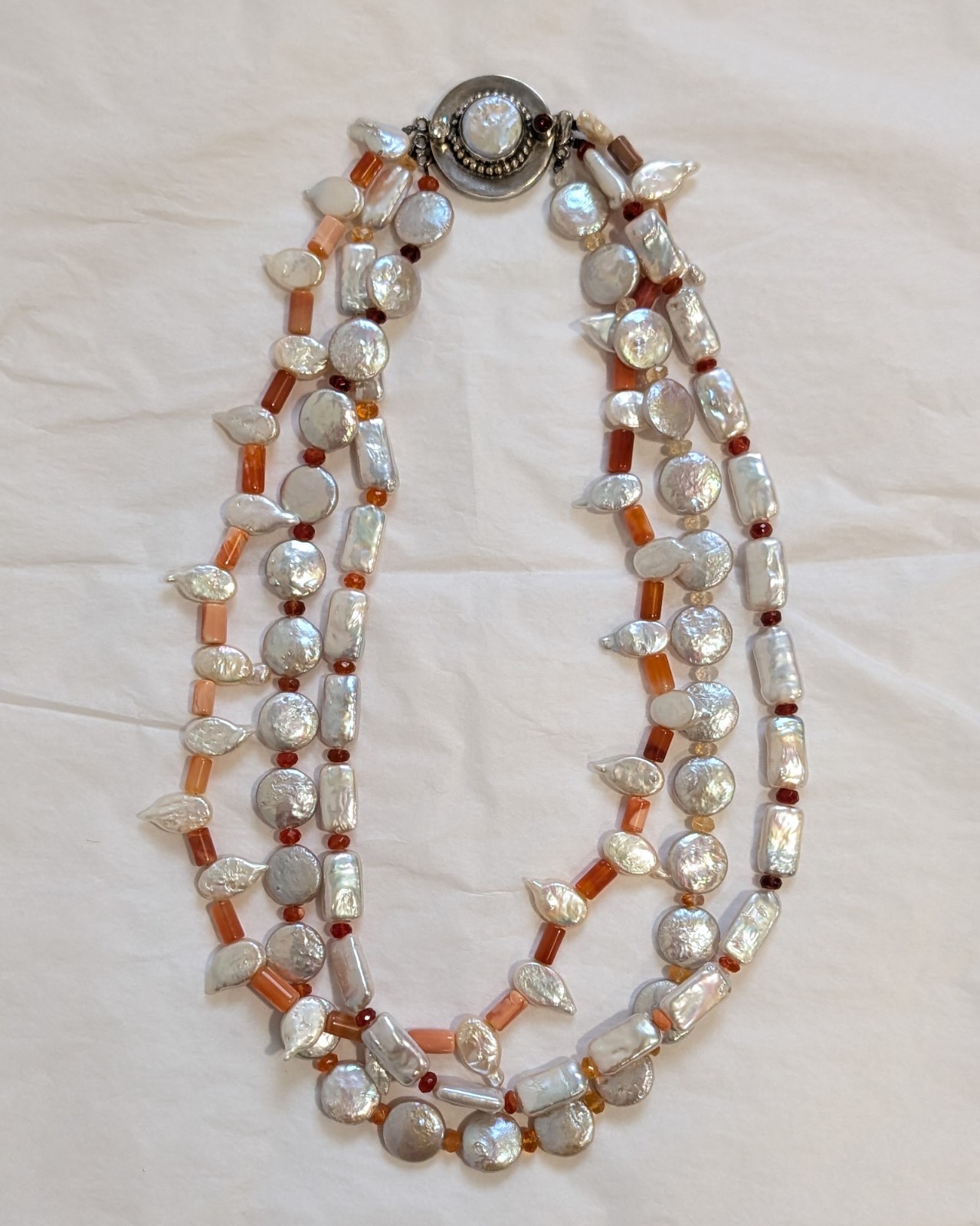 Estate 3 Strand Baroque Pearl Coral Carnelian Necklace w/925 Silver Clasp 20 in.