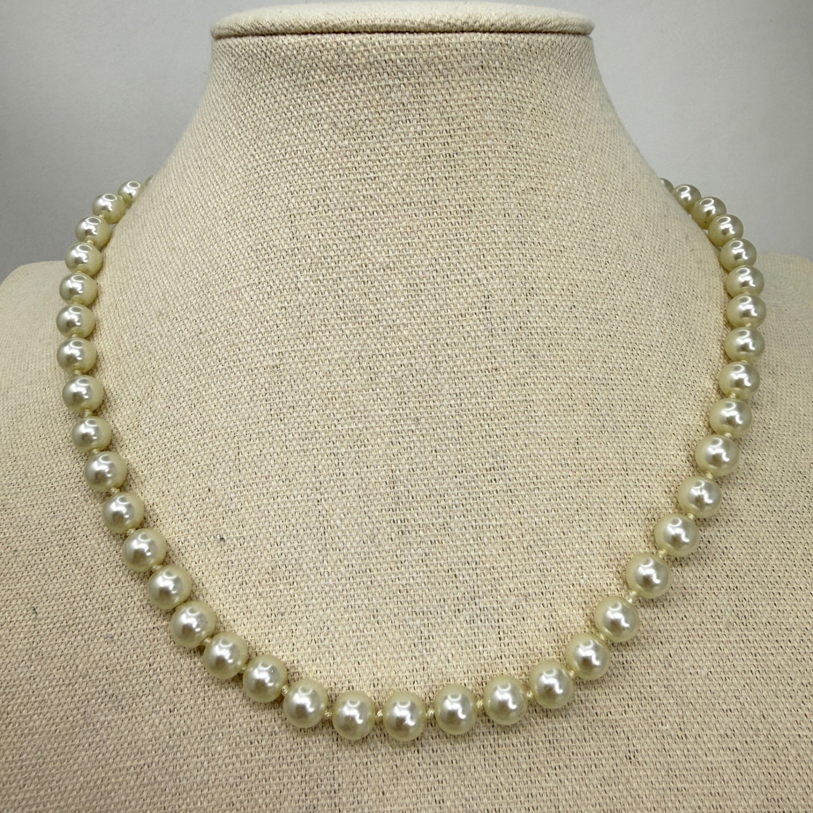 Vintage Faux Glass Pearl Strand Necklace Creamy Ivory Knotted Filigree Clasp
