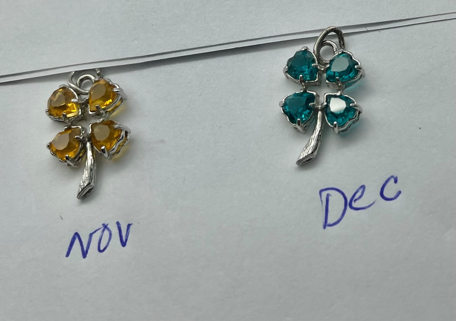 Vintage Mid Century Sterling Silver Rhinestone Birthday Clover Charms Pendants
