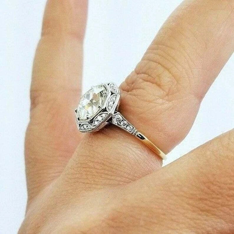 Art Deco 2.5Ct Round Lab Created Diamond Wedding Engagement 925 Silver Ring